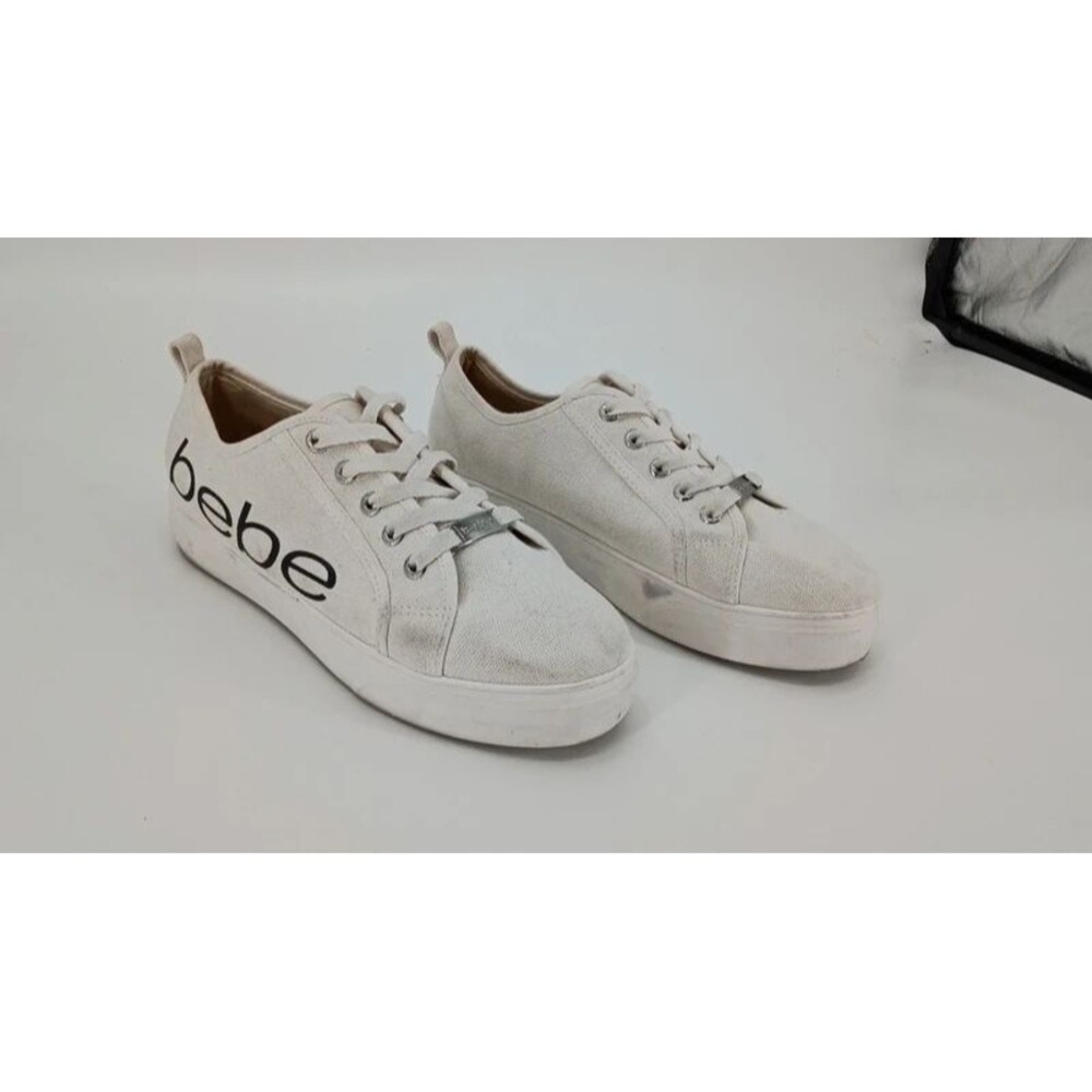 Y2K White Canvas Platform Sneakers Black Logo Bebe Sport Size 10